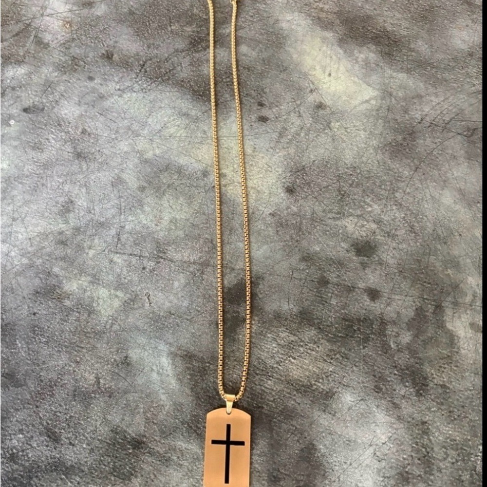NWOT, Men's like gold cross necklace with‎ message on the back - Joshua 1:9